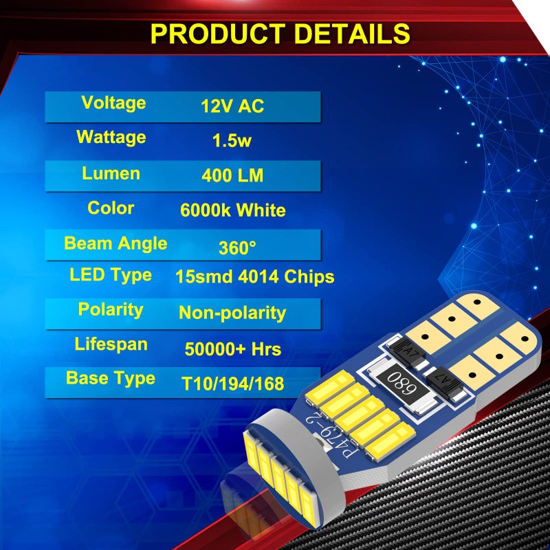 XINYANG 10Pcs 194 LED Car Bulbs, Canbus No Error T10 168 LED Light Bulbs, 15smd 4014 chipset 175 2825 Non-polarity LED Lights for Car Interior Dome Map Door Courtesy License Plate, 6000K White - Image 3